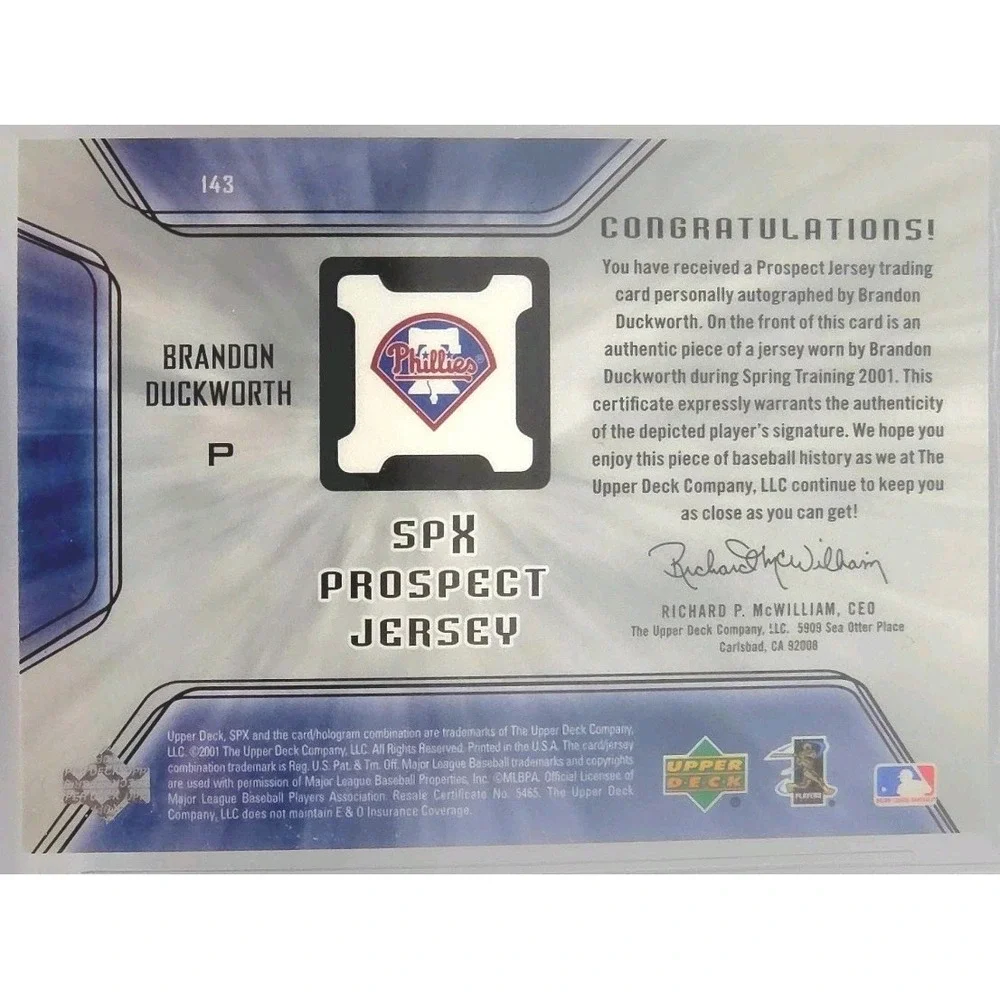 2001 SPx  Prospect Jersey Autograph Brandon Duckworth #143 (AU, MEM, RC) BGS 8.5